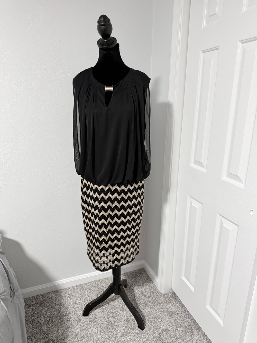 Black Chevron Pencil Dress with Sheer Sleeves